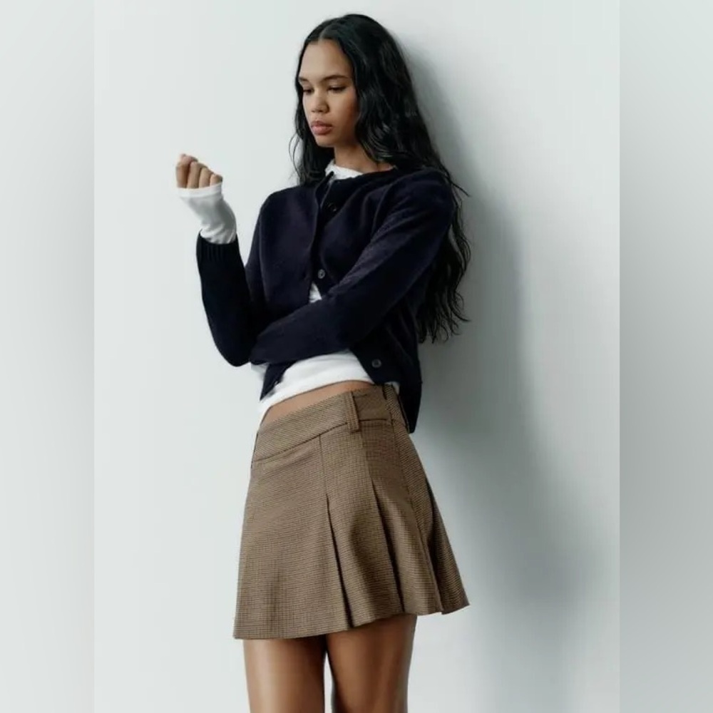 Zara Box Pleat Houndstooth Mini Skirt with Belt Loops, Brown/Tan Size Large